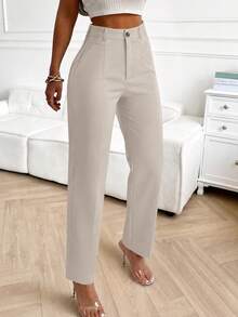 Europäische & amerikanische Große Größen Hochbund Rückseitiger elastischer Bund gerade Bein Anzughose, vielseitige Pendlerhose für Frauen, Frühling/Herbst Vintage elegant helles Khaki mit Knopf & Reißverschluss Bund, Damen Büro formelle Hose - Hellkhaki - Übersicht 2