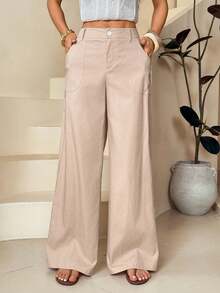 PETITE Pantalones rectos de cintura baja de 100% algodón lavado - Caqui - Ver 1