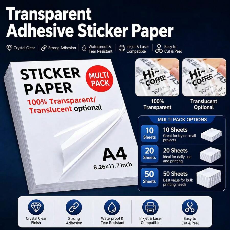 A4 Clear Sticker Paper, Printable Transparent Adhesive Vinyl For Inkjet Printer, Waterproof Tear Resistant DIY Labels & Decals, 10 20 50 Sheets - A - View 1