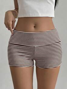 SCARLUX Fall Y2K Women Horizontal Striped Shorts, Brown Foldover High Waist Slim Short Pants For Back To School Street Wear Summer - Brown - View 2