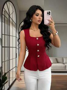 Elegante y versátil camiseta sin mangas para mujer con diseño de lazo en la espalda, cuello cuadrado y hebilla metálica decorativa, color burdeos, para primavera/verano - Burdeos 2 - Ver 11