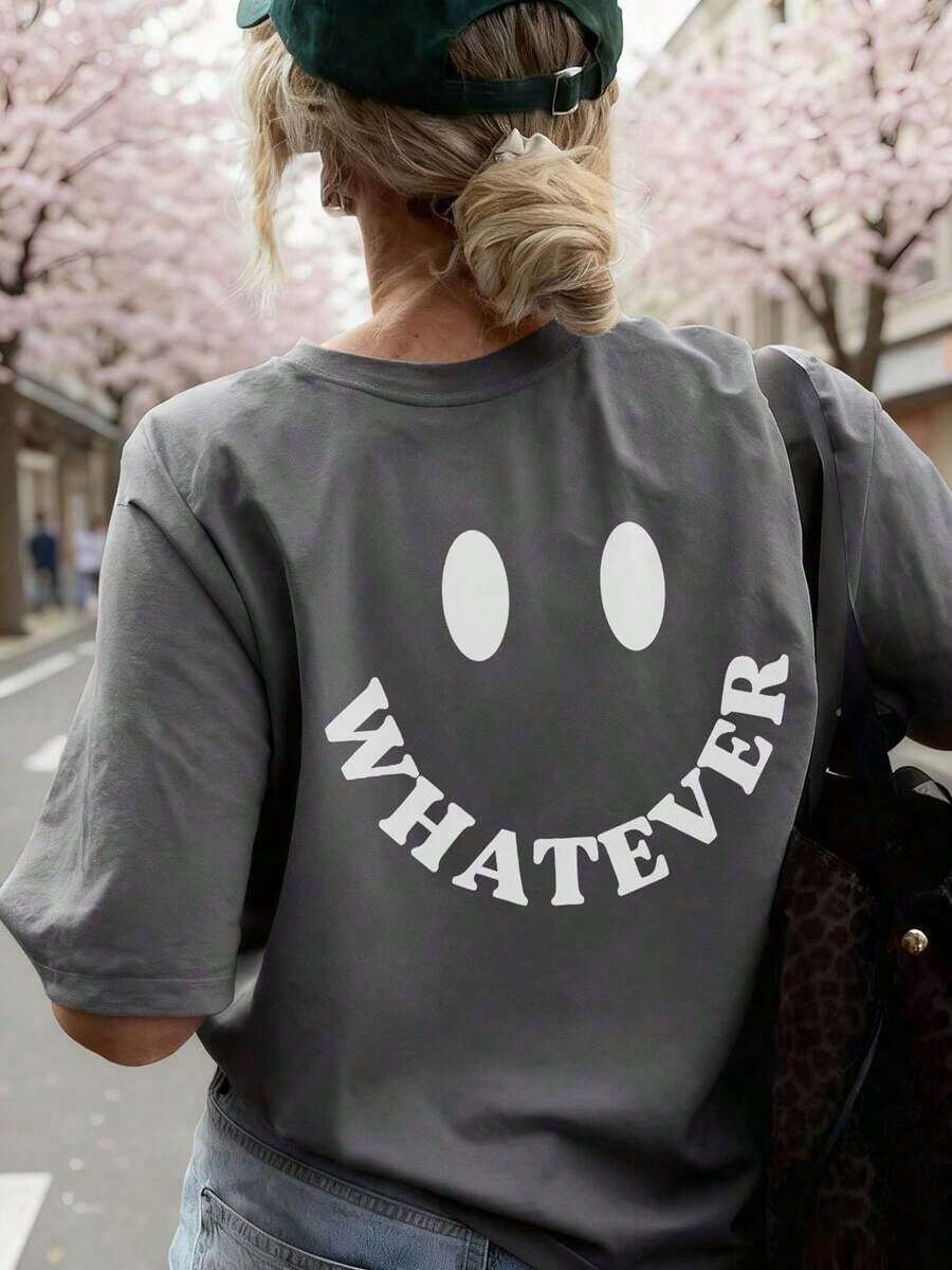 New Women's Summer Short-Sleeved T-Shirt With Minimalist "WHATEVER" And  Face Print, Round Neck, Dark Gray Color, Versatile And Suitable For Casual Blouses. - White - View 1
