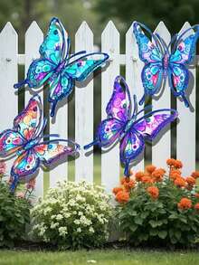 4pcs Colorful Butterfly Metal Wall Decor, Outdoor Garden Yard Fence Hanging Ornament, Weather-Resistant, 3D Art Wall Decoration, Patio Balcony Accent, Housewarming Gift, Vibrant Colors, Suitable For Lawn, Backyard, Wall, Easy Installation, Exquisite Craftsmanship, Adds Natural Vitality, Ideal Gardening Gift - Multicolor - View 4