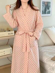 1pc Comfortable Pink & White Heart Pattern Tie Front Women's Bathrobe, Open Front Kimono Style, Suitable For Summer & Autumn Wear, Cozy Loungewear, Perfect For Bridal Party, Honeymoon And Spa Day - Red and White - View 1