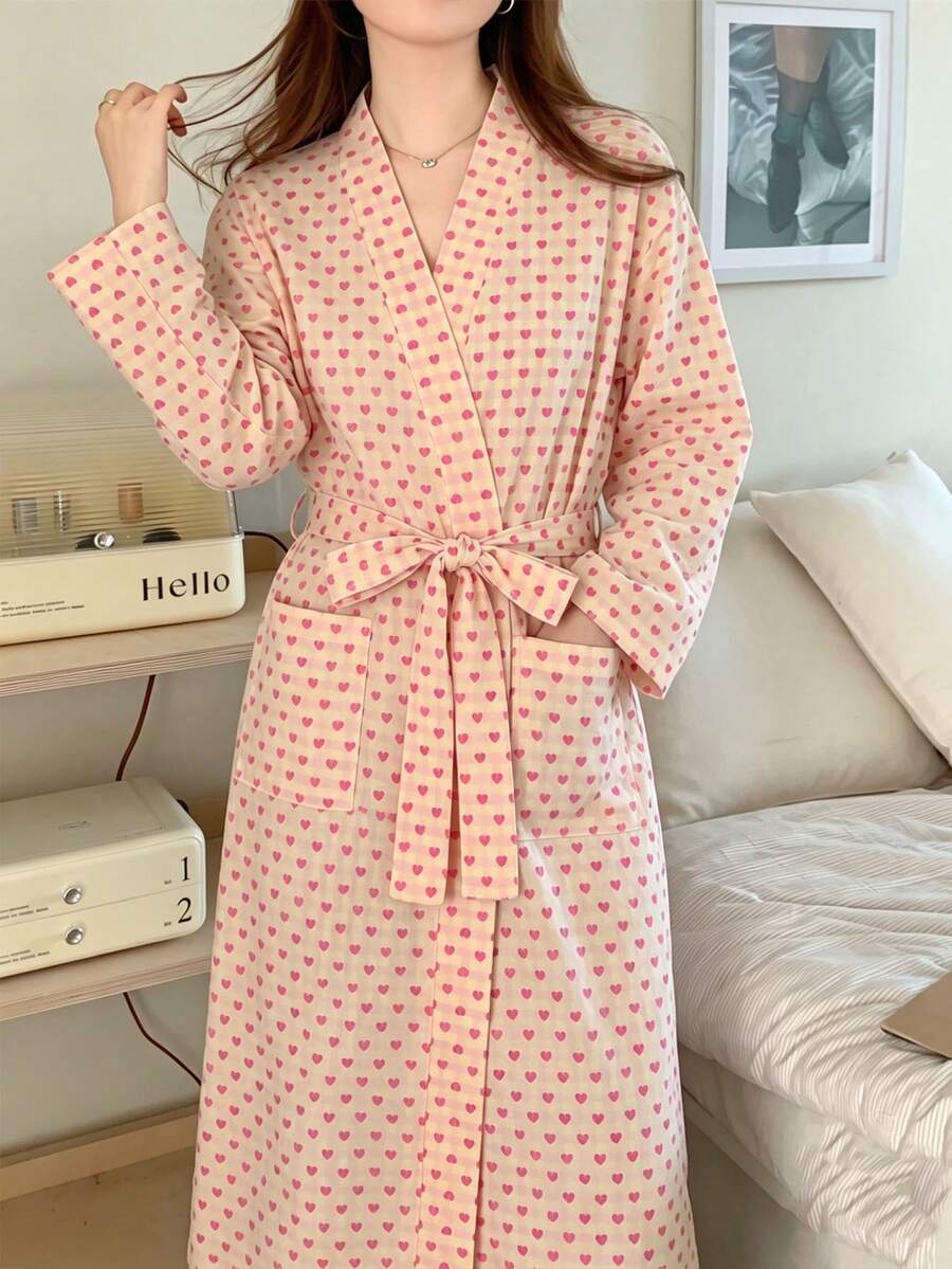 1pc Comfortable Pink & White Heart Pattern Tie Front Women's Bathrobe, Open Front Kimono Style, Suitable For Summer & Autumn Wear, Cozy Loungewear, Perfect For Bridal Party, Honeymoon And Spa Day - Red and White - View 1
