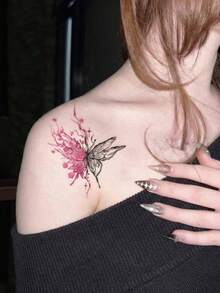 1 Pc Pink & Black Rose Butterfly Temporary Tattoo Sticker, Waterproof Long Lasting Fake Floral Insect Tattoo, Aesthetic Body Art For Shoulder - Multicolor - View 3