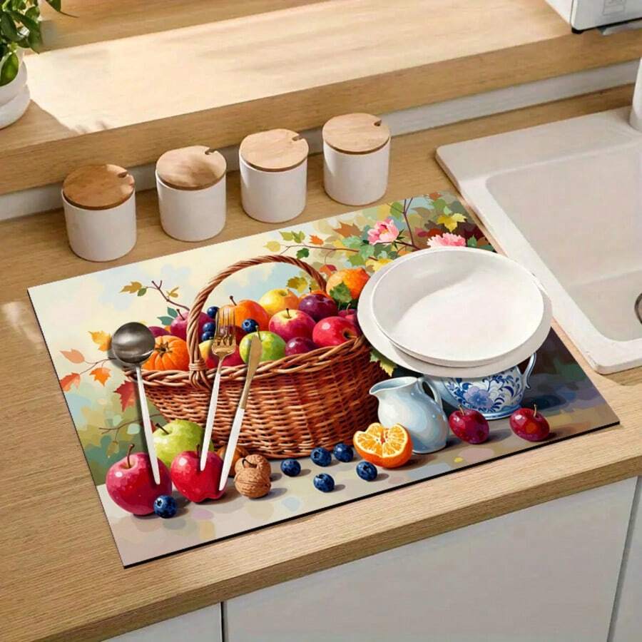 1pc Dish Drying Mat, Coffee Machine Pad, High Absorbency Kitchen Draining Mat With Autumn Fruit Basket Still Life Pattern, Suitable For Dining Table And Cafe, Quick Dry Pad For Bowls And Plates, Multipurpose Drainage Mat, Home Gift, Tabletop Decor