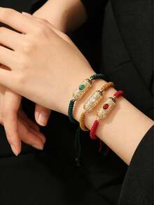 1pc Handmade Woven Arabic Style Bracelet, Hollow Rhinestone Inlaid, Drawstring Design Armband, Petite Vintage Design, Suitable For Moroccan Bride Wedding Party And Festivals - Style B - View 2