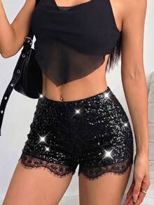 Quần short đen đính sequin viền ren, quần short cạp cao lấp lánh, quần short gợi cảm dành cho nữ dự tiệc và đi club mùa hè. - màu đen - Xem 5