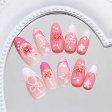 30Pcs Flower Press On Nails - Medium Almond French Tip Fake Nails With 3D Pearls Design Cute Bow & Flowers False Nails Nude Pink Glossy Full Cover Small Floral Reusable Acrylic Glue On Nails For Women - 蝶式貝殼 - 查看 4