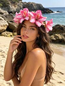 1pc Fashionable Bohemian Artificial Flower Ribbon Floral Wreath Headpiece - Multicolor - View 1