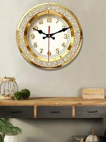 1 pieza Reloj de pared plano 2D | Reloj de pared redondo de madera chapado en oro con marco incrustado de cristal, adecuado para decoración de sala de estar, dormitorio, oficina, lobby de hotel, comedor - Multicolor - Ver 2