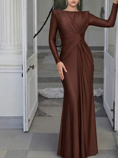Autumn/Winter Long Sleeve Ruched Maxi Dress, Sexy Fashion Elegant Pink Full Skirt, Cocktail
