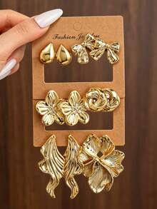 NAIZHU 6 Pasang/Set Anting-Anting Mewah Gaya Eropa dan Amerika dari Logam, Motif Bunga, Pita, Tetesan Air, Bintang Laut, Kerang, dan Cangkang, Aksesori Pesta Kencan Sehari-hari untuk Wanita - Emas - View 1