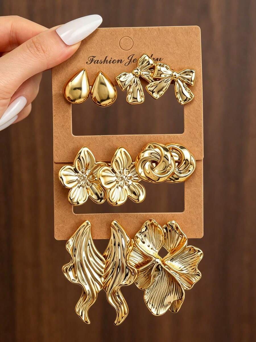 NAIZHU 6 Pasang/Set Anting-Anting Mewah Gaya Eropa dan Amerika dari Logam, Motif Bunga, Pita, Tetesan Air, Bintang Laut, Kerang, dan Cangkang, Aksesori Pesta Kencan Sehari-hari untuk Wanita - Emas - View 1