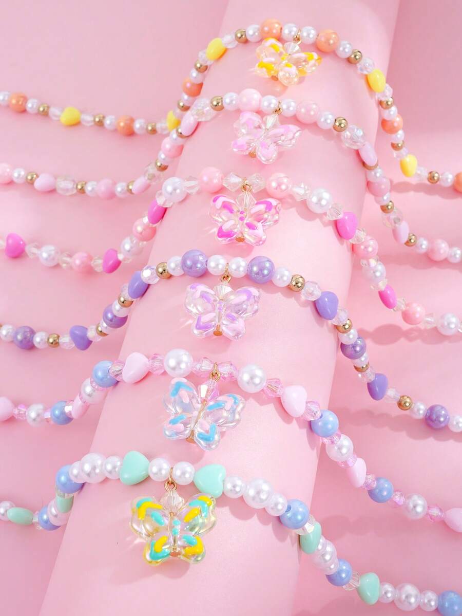 1件學院風多巴胺風蝴蝶串珠項鍊,女孩透明蝴蝶吊飾仿珍珠頸鍊套組,適合日常配戴 - 彩色 - 查看 1