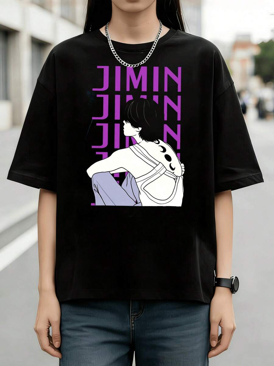 BTSs Jimin Purple Minimal Line-Art Portrait Graphic Cotton Summer T-Shirt - Black - View 1