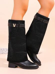 Women's Autumn/Winter Letter V Buckle Fold-Over Mid-Calf Boots, Chunky Heel Solid Color Street Style Ruched Leg Boots - Black - View 2