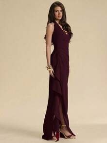 Vestido de dama de honor para primavera/verano, vestido de fiesta, vestido largo rojo con escote en V profundo, cuello halter, sexy, con volantes y abertura alta, vestido envolvente con volantes para mujer, elegante vestido maxi con cuello en V y halter con volantes para mujer - Granada - Ver 4