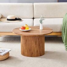 Round MDF Coffee Table, 70 Cm In Diameter: Inspired By Roman Columns, With An Integrated Metal Frame And A Retro-Chic Style For The Living Room. Ideal For European Interiors. - 自然色 - 查看 4