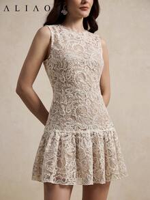 ALIAO Spring/Summer Embroidered Mesh Patchwork Sheer Dress, Vintage Court Style, Suitable For Parties, Weddings And Vacations Elegant - Apricot - View 3