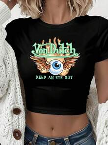 Van Dutch Keep An Eye Out Winged Eye Graphic Women's Casual Solid Color Crew Neck Short Sleeve Slim Fit Cropped T-Shirt Basic Summer Polyester Top, Versatile Everyday Wear, Perfect Gift For Her - màu đen - Xem 1