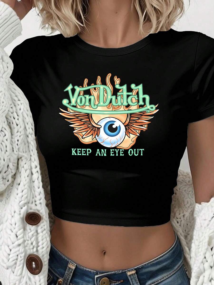 Van Dutch Keep An Eye Out Winged Eye Graphic Women's Casual Solid Color Crew Neck Short Sleeve Slim Fit Cropped T-Shirt Basic Summer Polyester Top, Versatile Everyday Wear, Perfect Gift For Her - màu đen - Xem 1