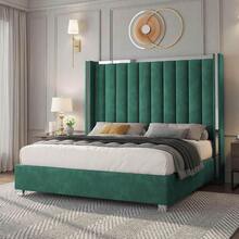 Velvet Upholstered Bed Frame With 58" Tall Channel Tufted Wingback Headboard And Plating Trim – Platform Design, No Box Spring Required - Green - View 9