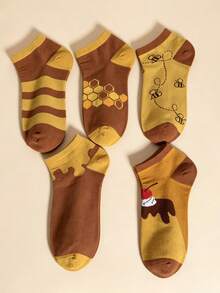 5 paires de chaussettes femme mignonnes avec imprimé abeille et nid d'abeille, chaussettes basses décontractées rayées marron et jaune, motif alimentaire délicieux, chaussettes adorables de haute qualité pour un port quotidien - Multicolore - Voir 1