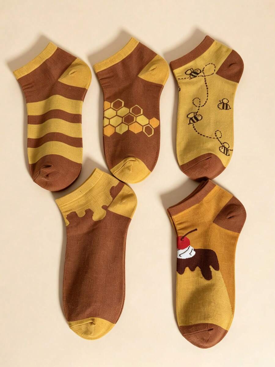5 paires de chaussettes femme mignonnes avec imprimé abeille et nid d'abeille, chaussettes basses décontractées rayées marron et jaune, motif alimentaire délicieux, chaussettes adorables de haute qualité pour un port quotidien - Multicolore - Voir 1