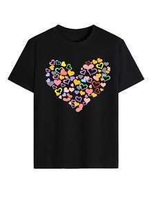 彩虹愛心拼接圖案 T-shirt，Y2K 風格印花 T-shirt，俏皮風格多色休閒短袖，活力愛意氛圍上衣，黑色夏季款 - 黑色 - 查看 3