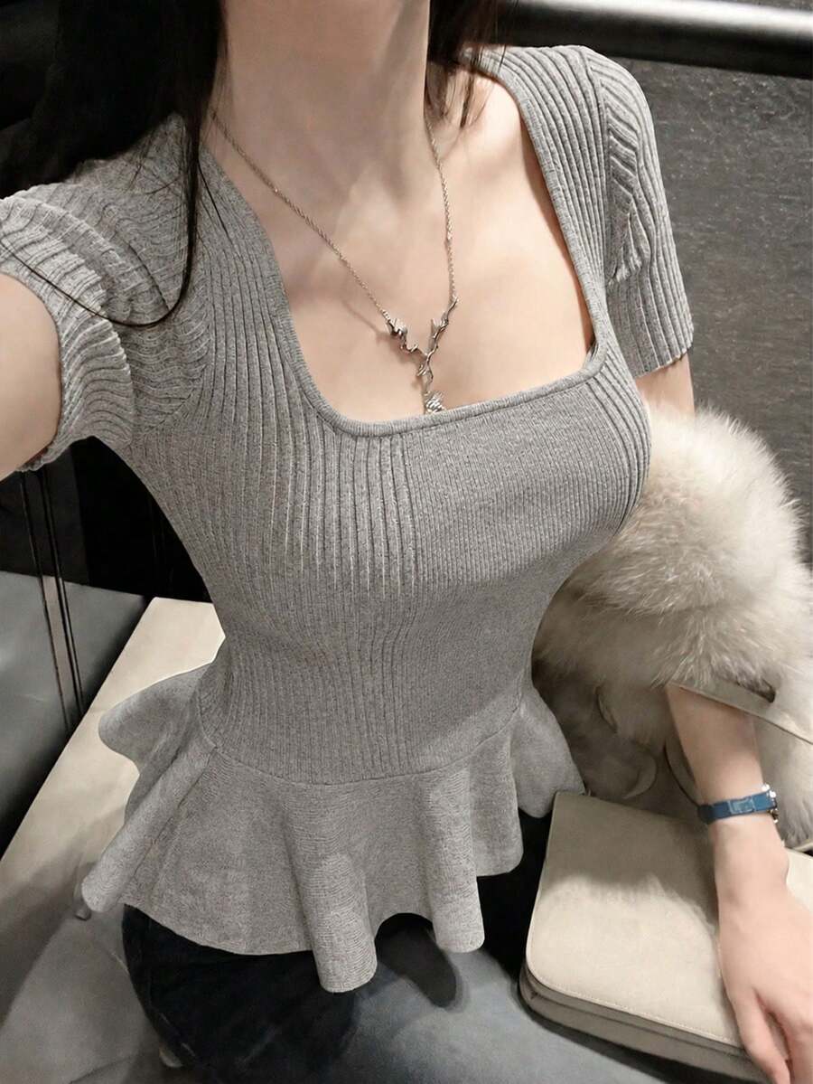 New Spring/Summer Korean Style Women's Slim Fit Chiffon Ruffle Trim Knit Top - Gray - View 1
