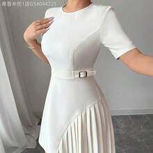 MewMuse.  Nuevo vestido elegante para mujer con cuello redondo, manga corta y volante en el bajo, color albaricoque, para primavera/verano - Rosa - Ver 7