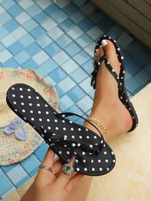 Sandalias planas de estilo de vacaciones de playa de verano, cómodas y de unicolor con lazo, para mujer - Negro - Ver 2