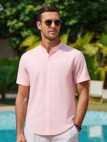Men's Henley Collar Shirt - Classic And Timeless - 粉色 - 查看 2