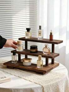 1pc Vintage Wooden Desktop Perfume & Cosmetic Storage Rack, Retro Solid Wood Multi-Layer Food Display Stand, Vanity Table Perfume & Skincare Storage Organizer, Multi-Function Storage Rack - Coffee Brown - View 5