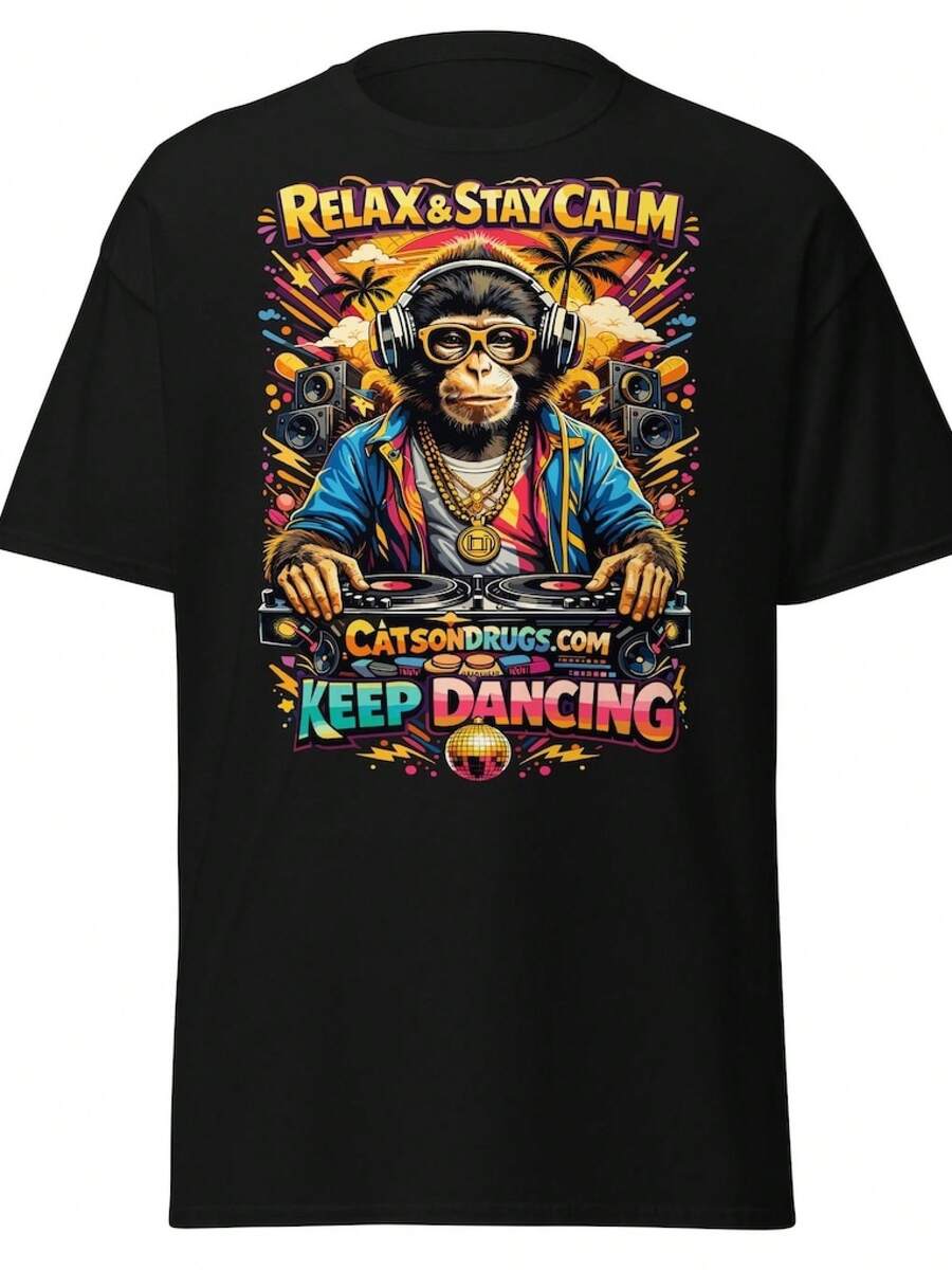 Unisex T-shirt i ren bomull, Rave-outfit | Techno T-shirt | Håll dig lugn och fortsätt dansa av CATSONDRUGS.COM | Rave T-shirt | Rave-kläder | Tekniska Kläder | Rave-mode, sommar-t-shirt, blus, basplagg, toppar, kreativ design, utomhuslek, cool stil, rolig design, söt stil, sommaroutfit, kreativ design, utomhuslek, cool stil, rolig design, söt stil, sommaroutfit - Svart - Visa 1