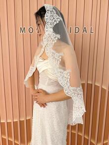 1pc Vintage Lace Trimmed Cathedral Wedding Veil, 1 Layer 3 Meters Long Soft Tulle Bridal Veil With Comb - Multicolor - View 15