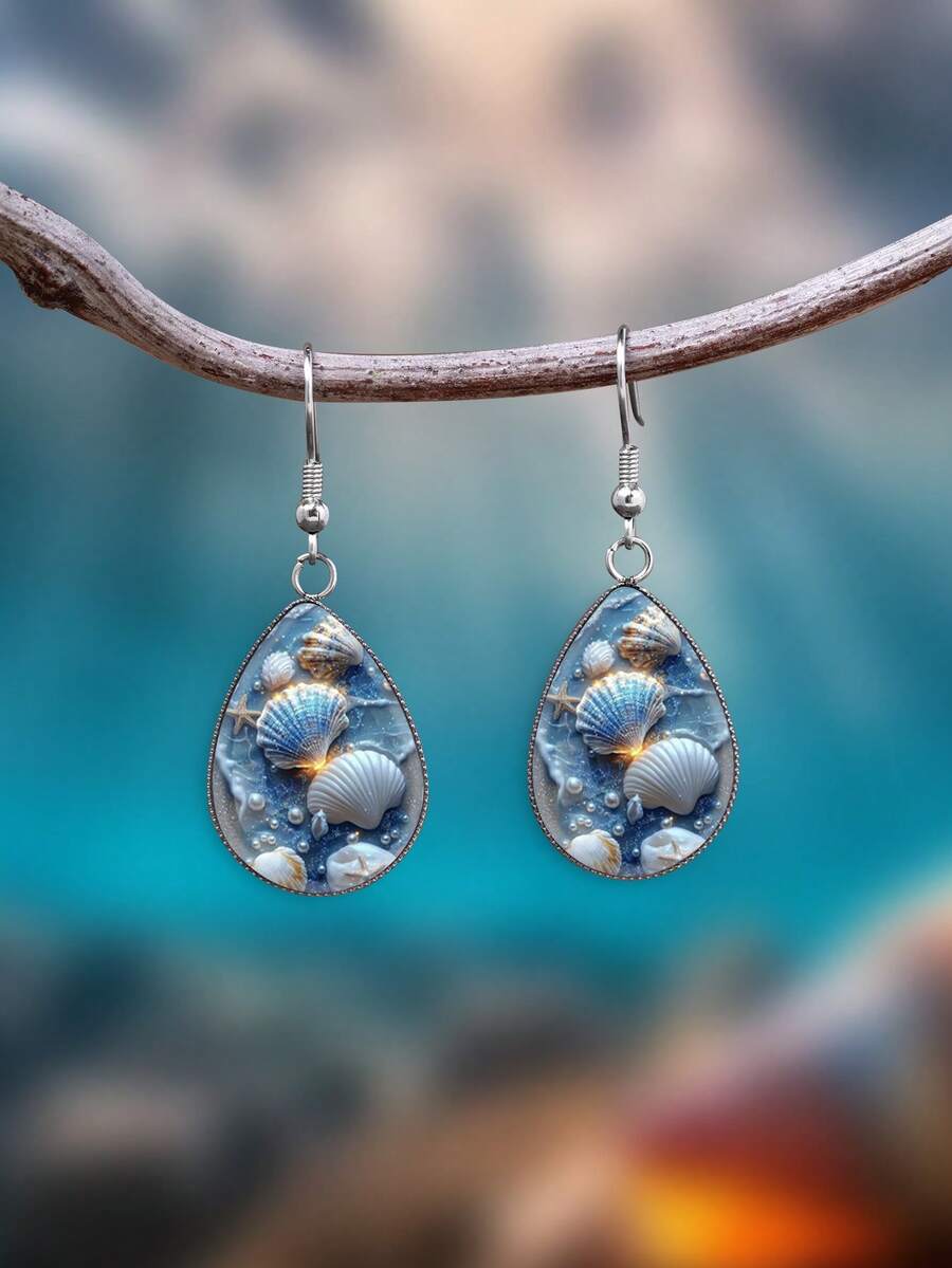 1 Pair Ocean Seashell & Starfish Design With 316 Stainless Steel Waterdrop Earrings, Cute Minimalist Style Suitable For Women's Daily Wear And Gifts, Elegant Minimalist Jewelry Earrings Suitable For Women's Daily And Vacation Wear - Baby Blue - View 1