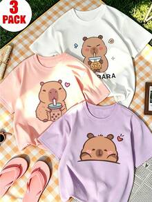 3 件套女孩青少年学生休闲印花圆领短袖 T 恤，夏季上衣 - 彩色 - 查看 3