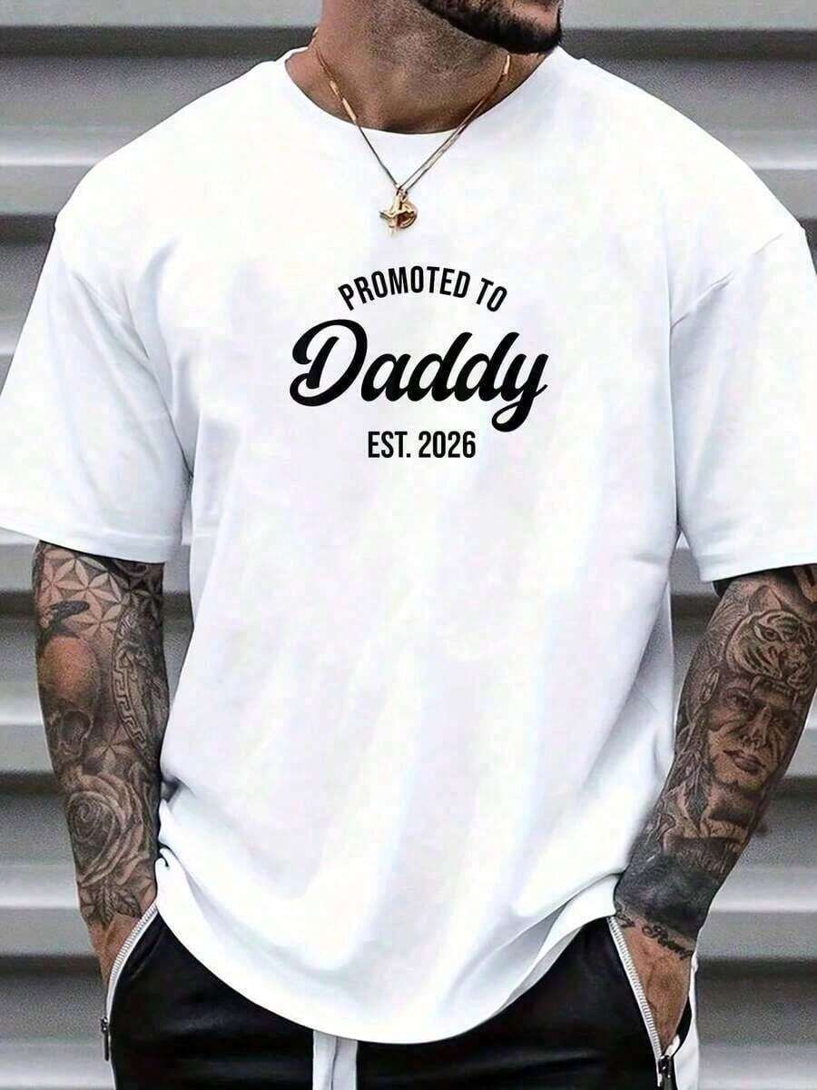 1 pieza, 100% algodón, Camiseta para Hombre Estilo Hip-Hop Urbano, con la frase 'Nuevo Papá 2026, Promovido a Papá 2026', 180g, 100% algodón. - Blanco - Ver 1