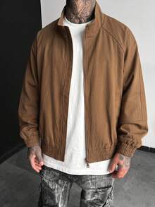 1pc Men's Brown Stand Collar Raglan Sleeve Loose Fit Jacket, Full Zip Design, Pilling Resistant, Machine Washable & Dryable, Retro American Street Style Outerwear, Suitable For Spring/Autumn Commute, Casual Street Style - Brown - View 9