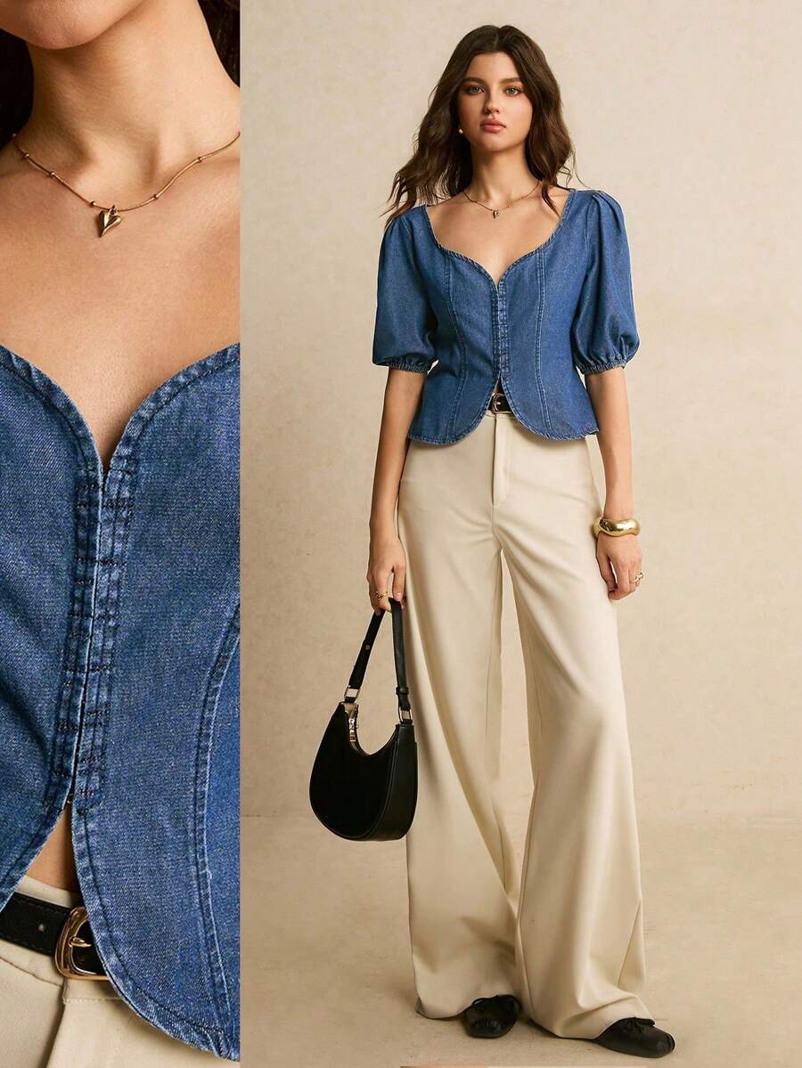 2026 Blusa de mezclilla casual con cuello de corazón y mangas abullonadas para mujer - Azul lavado medio - Ver 1