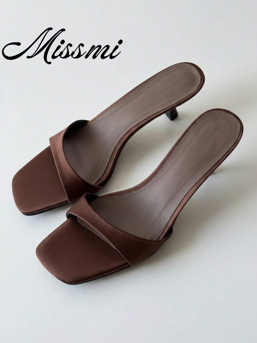 French Elegant High Heel Slide Sandals, Open Toe Minimal Style Heel Sandals For Women,Kitten Heels