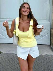 Top corto con lazo, Mujer, Verano, Amarillo, Blanco, Top de tirantes, Top de tirantes lindo con lazo, Top sin mangas con espalda descubierta, Top corto de estilo callejero Y2K casual para mujer - Dorado - Ver 11