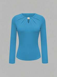 Camiseta de manga larga para mujer, tela de punto con decoración de botón metálico fruncido, elegante y casual, adecuada para uso diario y citas, nuevo diseño 2026, elegante para el Día de San Valentín Primavera Negro - Azul eléctrico - Ver 2