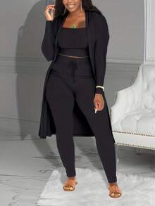 Casual Ribbed 3-Piece Set, Crop Top+High Waisted Drawstring Pants+Long Cardigan, Women's Clothing - 黑與白 - 查看 7