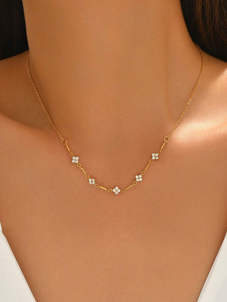1 pieza Collar con colgante de flor de 5 hojas de acero inoxidable para mujer, chapado en oro de 18K, joyería de moda - Dorado - Ver 1