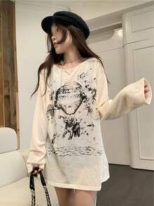 レディース ロンT 長袖 Tシャツ カットソー トップス ビッグシルエット オーバーサイズ プルオーバー アニマルプリント 動物 ゾウ グラフィック レトロ ヴィンテージ風 イラスト 薄手 シアー 透け感 柔らかい 丸首 クルーネック ドロップショルダー 体型カバー 華奢見え 着痩せ 二の腕カバー お尻が隠れる ゆったり ルーズ 骨格ナチュラル 骨格ウェーブ 韓国ファッション ストリート系 カジュアル 大人カジュアル デイリー 普段着 通学 ワンマイルウェア 重ね着 アイボリー 春 夏 秋 - クリーム - チェックする 3