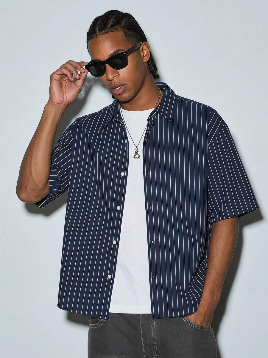 Modcrash Men's Casual Loose Striped Short Sleeve Shirt, Spring To Summer - Navy Blue - View 1